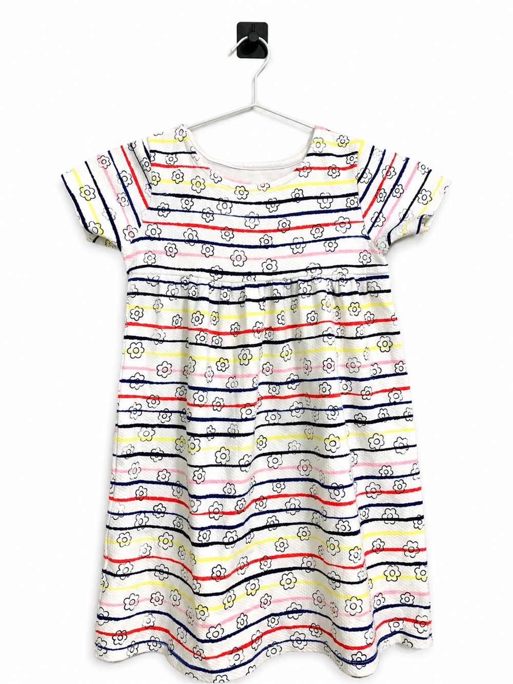 dip White Striped Floral Casual Dress with Navy, Red, Yellow Accents